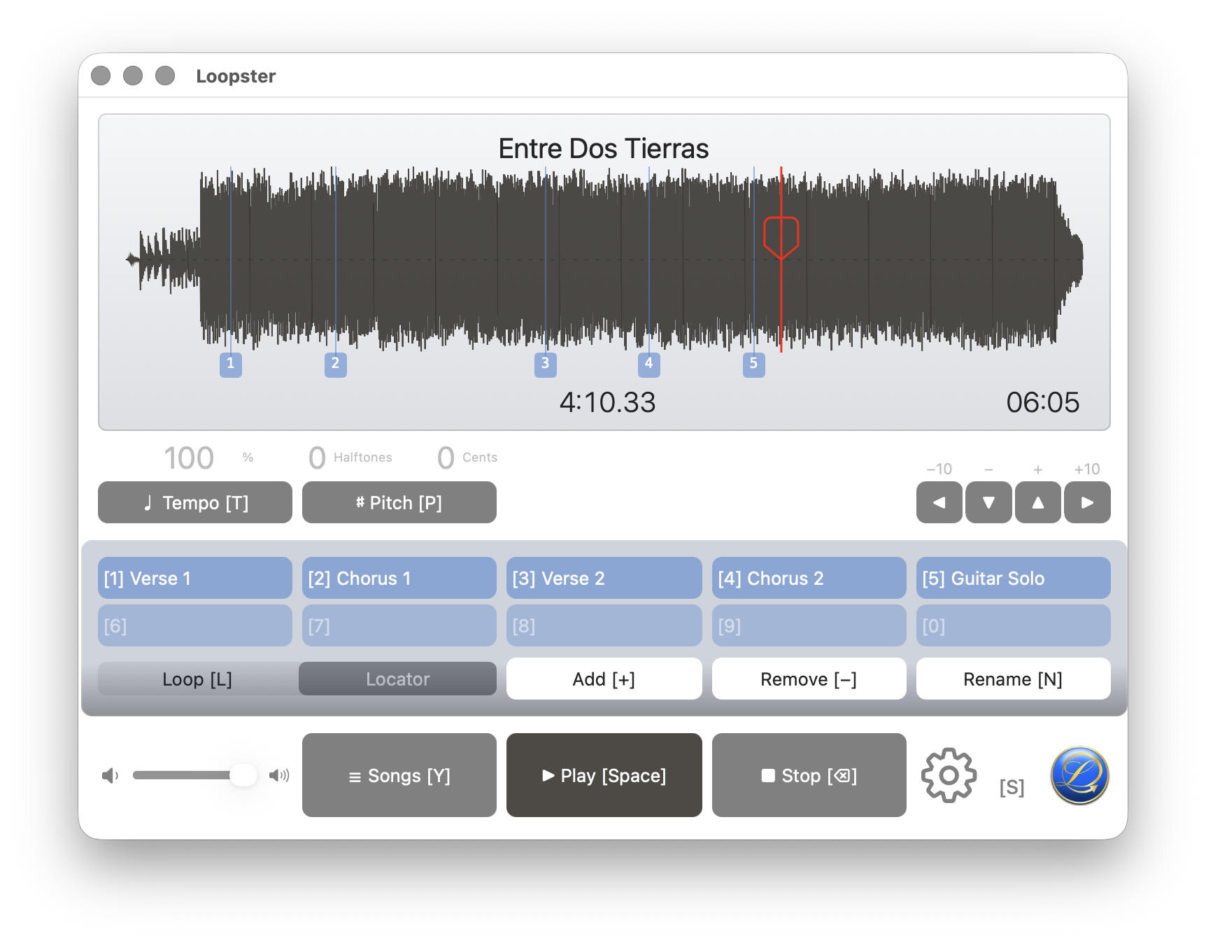 Loopster-Vorderseite mit Wellenform, Transport und Slot-Reihe